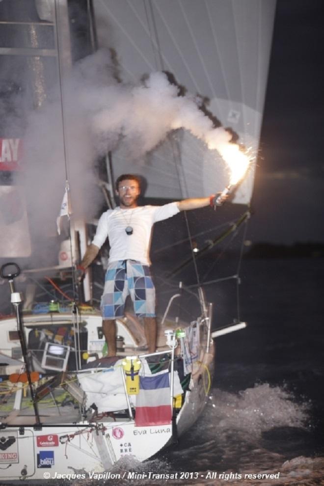 Benoit Marie on the finish line of the Mini Transat 2013 ©  Jacques Vapillon / Mini Transat http://www.minitransat.fr